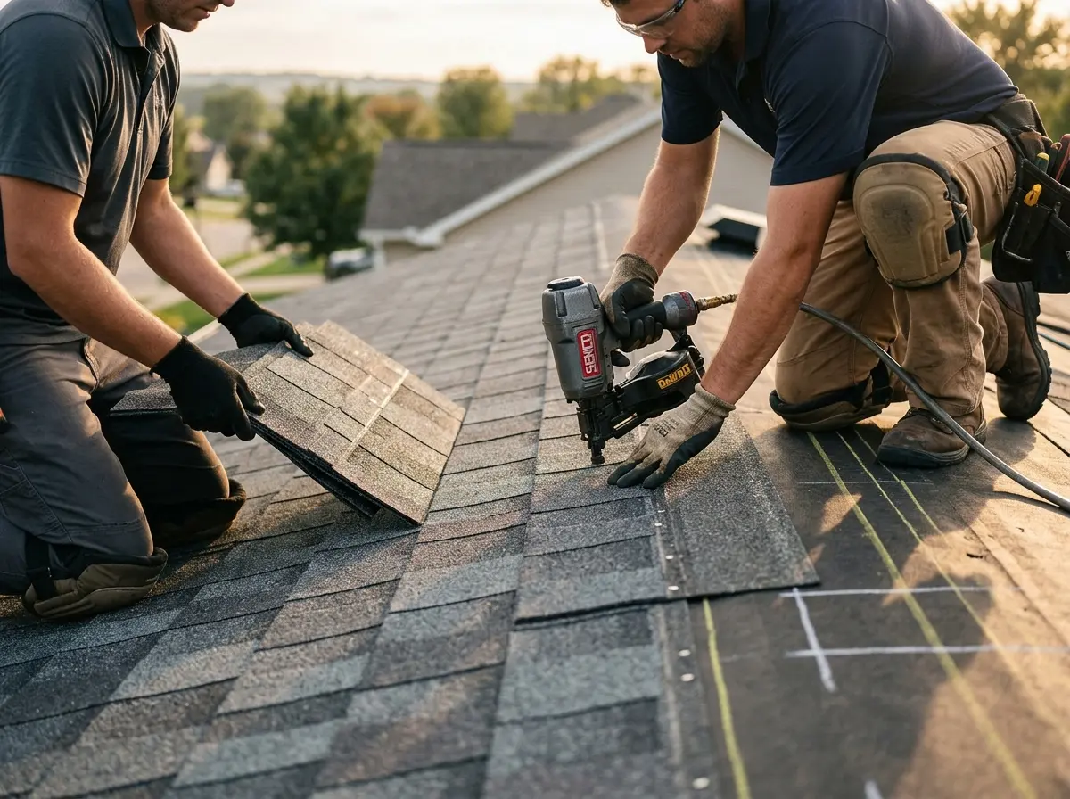 Professional roofer working on a residential roof in Amory
